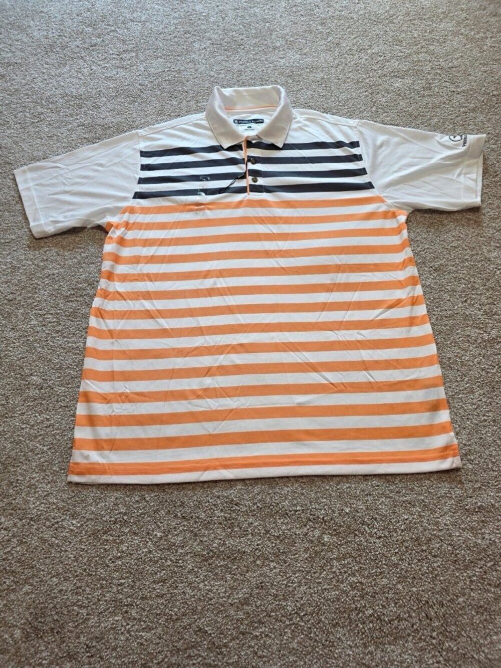 Pebble Beach Dry-Luxe Performance White Orange Striped Golf Polo Shirt Sz Large